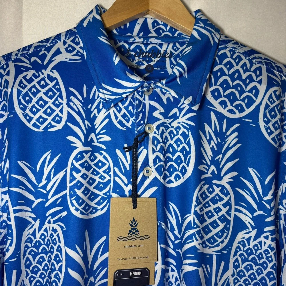 Chubbies‎ Mens The Thigh Napple Performance Polo Shirt Blue Pineapple M